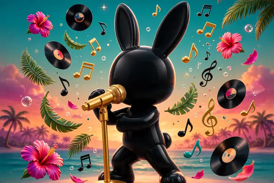 Glossy 3D render of a faceless bunny-eared mascot singing into a golden microphone amid palm trees, vinyl records, and musical notes at a sunset beach