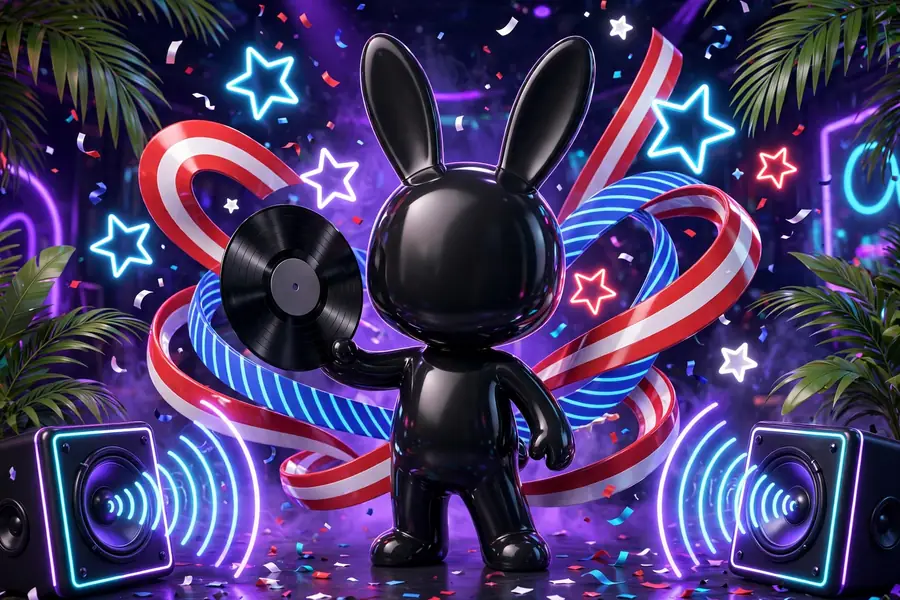 Glossy 3D render of a faceless bunny-eared mascot holding a vinyl record surrounded by Puerto Rican flag stars, confetti, and neon-lit speakers