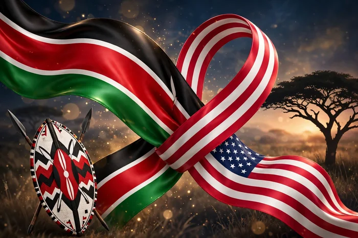 Glossy 3D illustration of Kenyan and American flag ribbons intertwining with a Maasai shield and acacia tree
