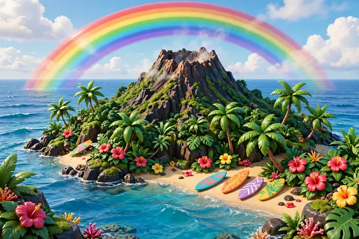 Glossy 3D illustration of Hawaii with a volcanic island, palm trees, hibiscus flowers, and a rainbow