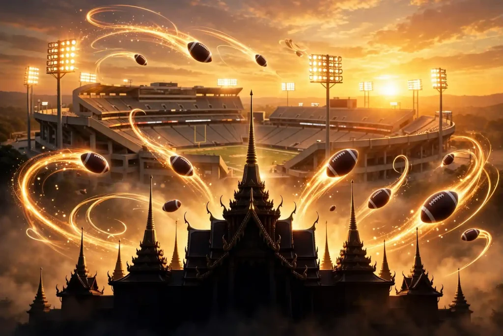 3D render of a college football stadium at sunset with a Thai temple silhouette and flying footballs