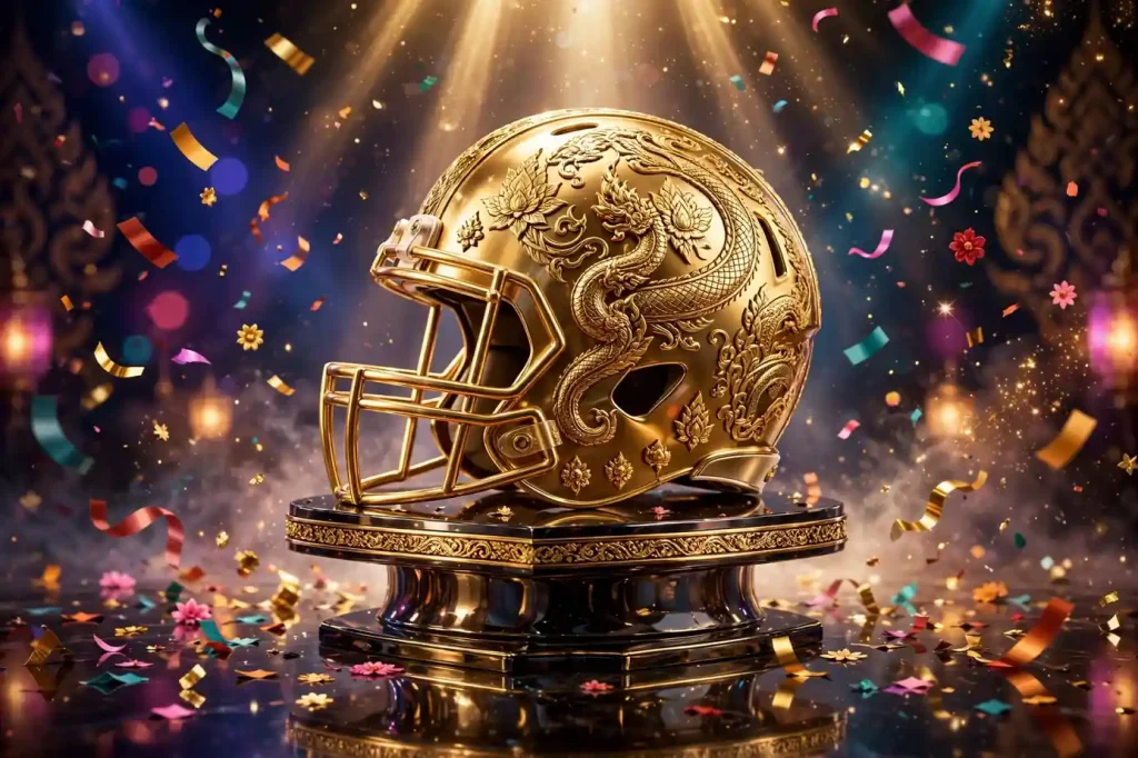 3D render of a golden football helmet with Thai-style engravings on a podium with confetti