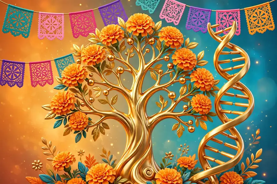 Vibrant 3D illustration of a golden family tree with marigold flowers, papel picado banners, and a DNA helix, symbolizing Becky G's Jalisco roots