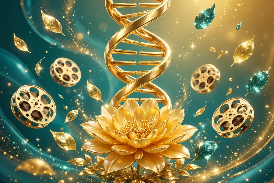 Vibrant 3D illustration of a golden DNA helix spiraling above a blooming flower with floating film reels, symbolizing Bella Shepard's family roots