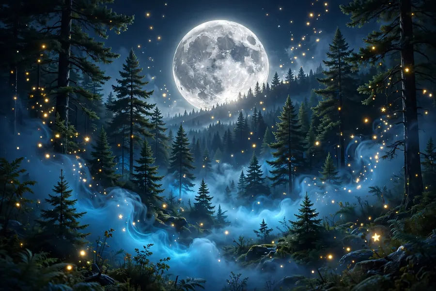 Glossy 3D render of a luminous full moon over a misty pine forest, evoking Bella Shepard's Wolf Pack werewolf series