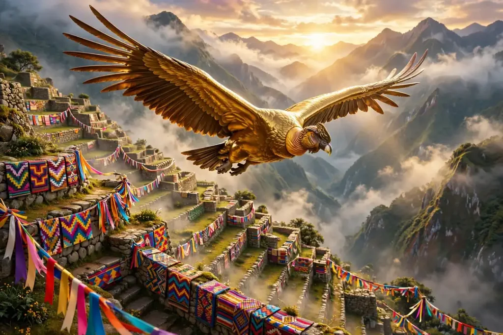 Vibrant 3D illustration of a golden Andean condor soaring over Machu Picchu style terraces at sunrise with colorful Quechua textile patterns and ribbons