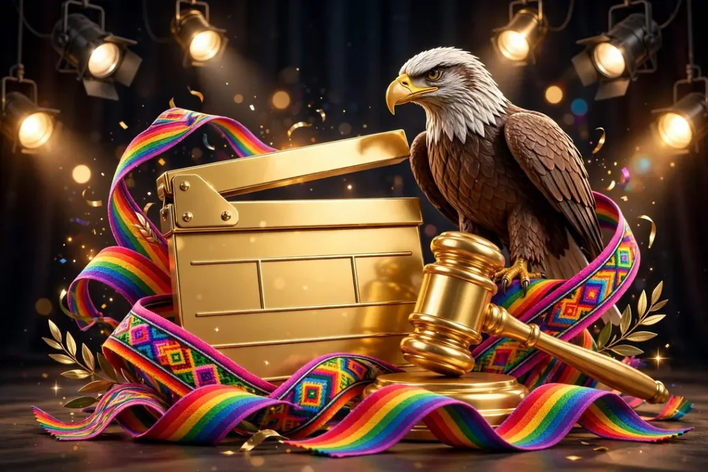 Eye-catching 3D render of a golden film clapperboard with a justice gavel and American eagle, Andean rainbow textile ribbons and Hollywood stage lights