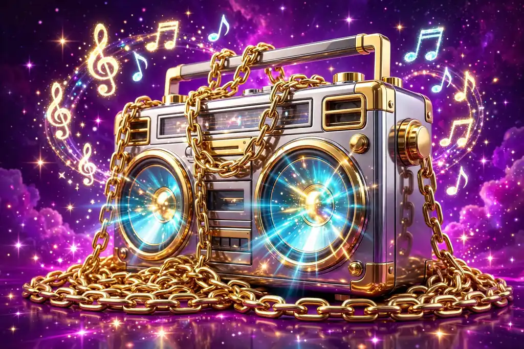 Vibrant 3D illustration of a chrome and gold boombox with glowing speakers and gold chains on a bold purple background with sparkling stars