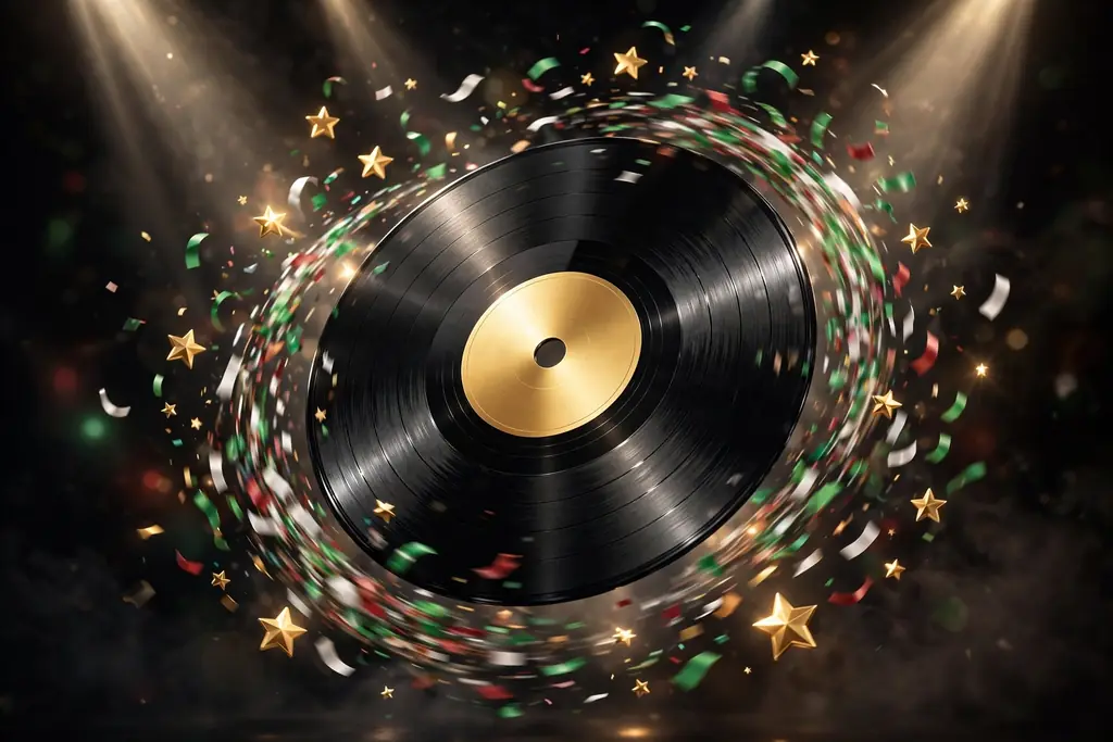 Glossy 3D render of a spinning black vinyl record with a golden center surrounded by green, white, and red confetti under stage spotlights