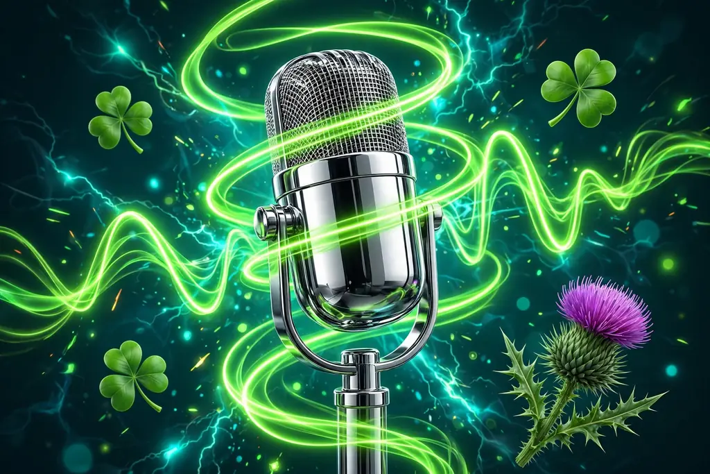 Vibrant 3D illustration of a chrome studio microphone wrapped in neon green sound-wave ribbons with floating shamrocks and a Scottish thistle, symbolizing Billie Eilish's Irish and Scottish heritage