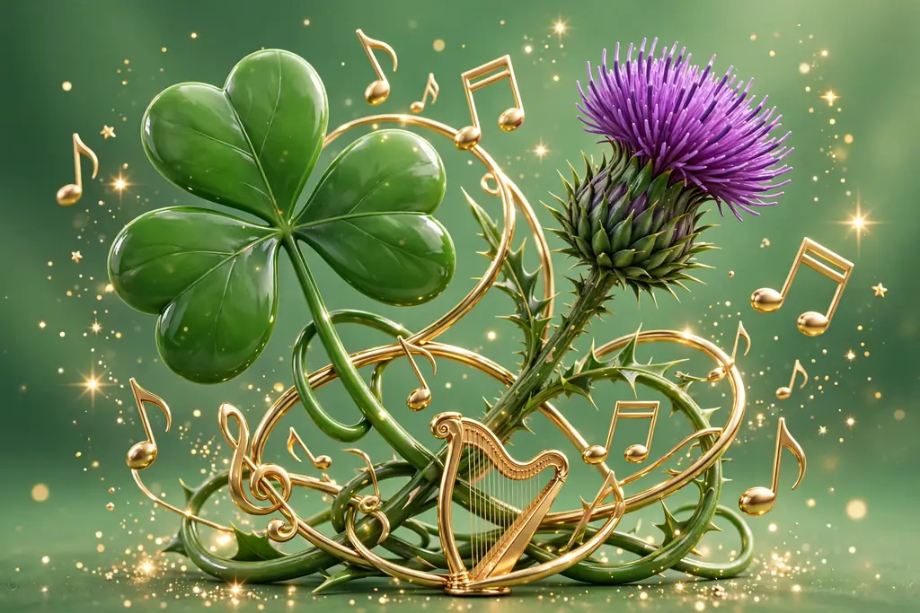 Glossy 3D render of a green shamrock and purple Scottish thistle intertwined with golden music notes and a small harp on an emerald background