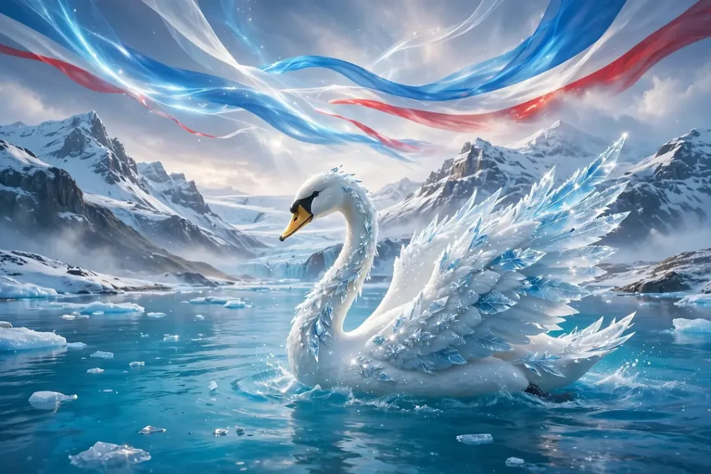 Vibrant 3D illustration of a white swan with crystalline feathers gliding over a glacial lagoon with Icelandic flag-colored ribbons and snow-capped mountains