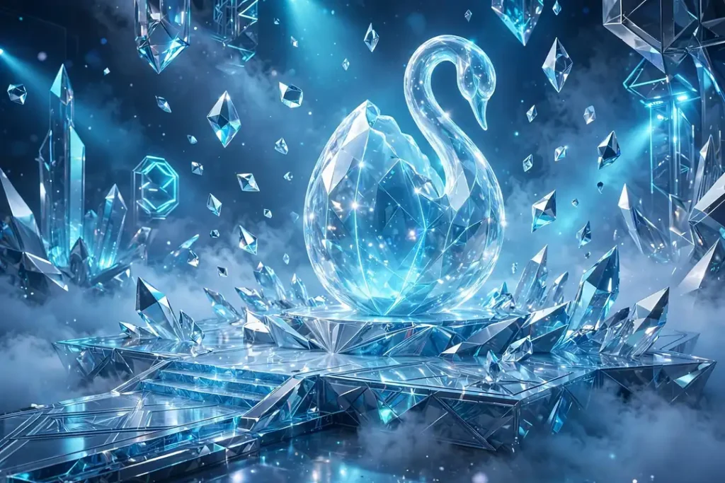 Eye-catching 3D render of an avant-garde crystalline concert stage with a glowing crystal pod and floating icy shards in ethereal fog, evoking Björk's experimental artistry