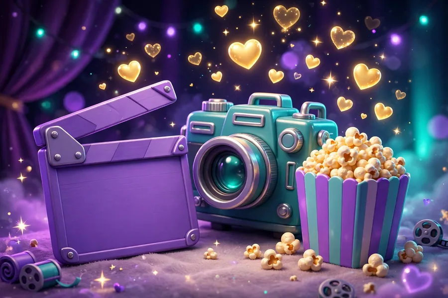 3D movie night scene with clapperboard, popcorn and golden hearts, inspired by Blake Lively and Ryan Reynolds' film careers