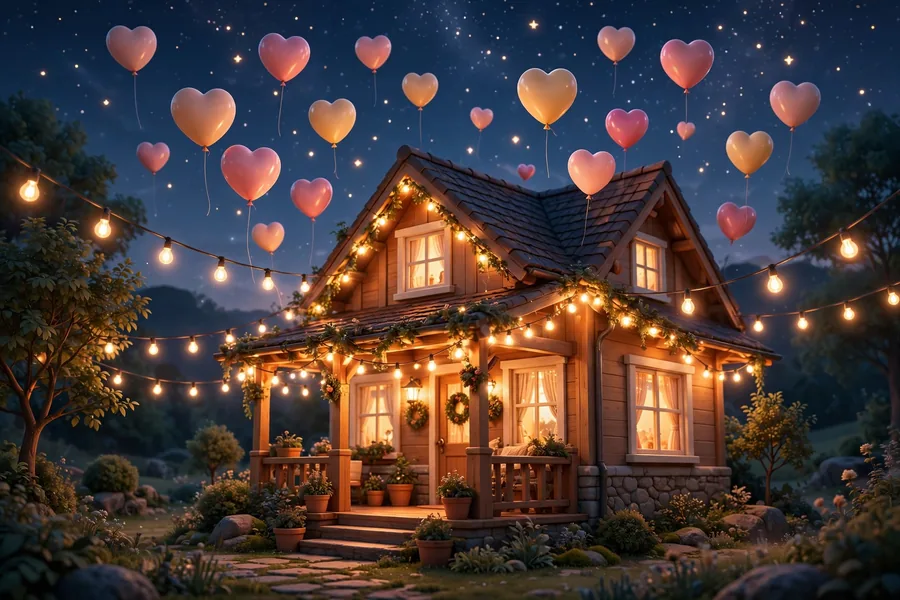 Cozy glowing house at dusk with heart balloons, celebrating Blake Lively and Ryan Reynolds' family life