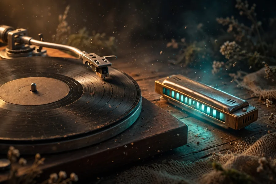 3D render close-up of a vintage vinyl record and harmonica in warm light, evoking Bob Dylan and Joan Baez's musical legacy