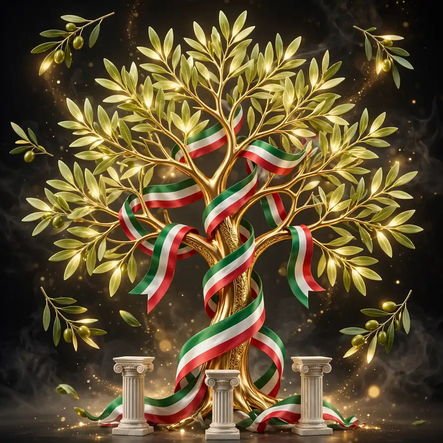 3D illustration of a golden family tree wrapped in Italian green-white-red ribbons with olive branches and Roman-style columns