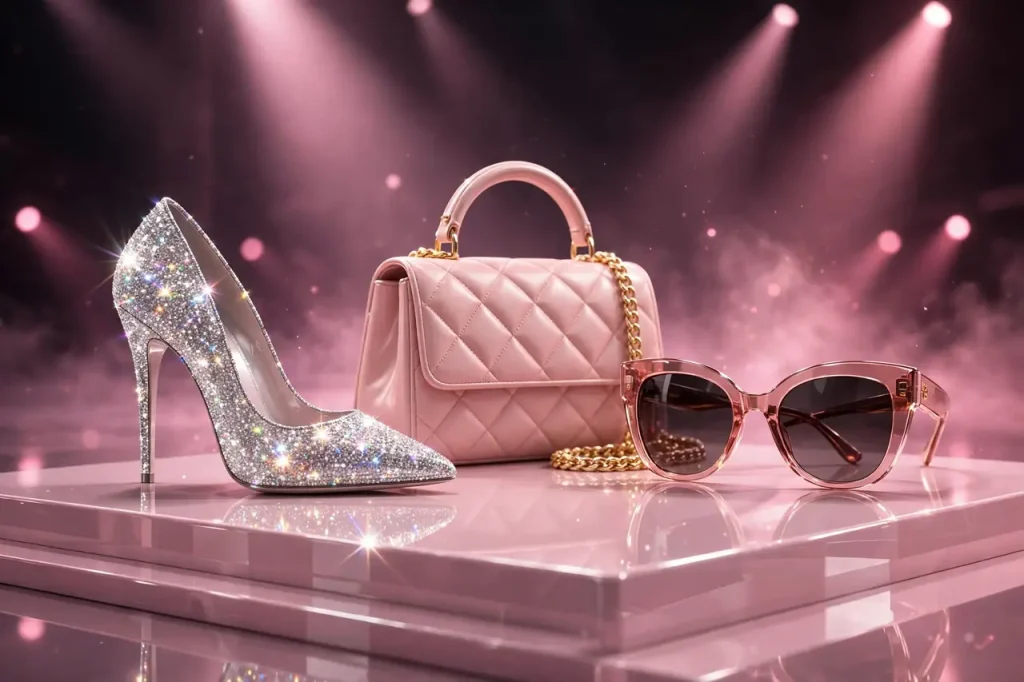 Glossy 3D render of sparkling high-fashion accessories — stiletto heel, handbag and sunglasses — on a runway podium under pink spotlights