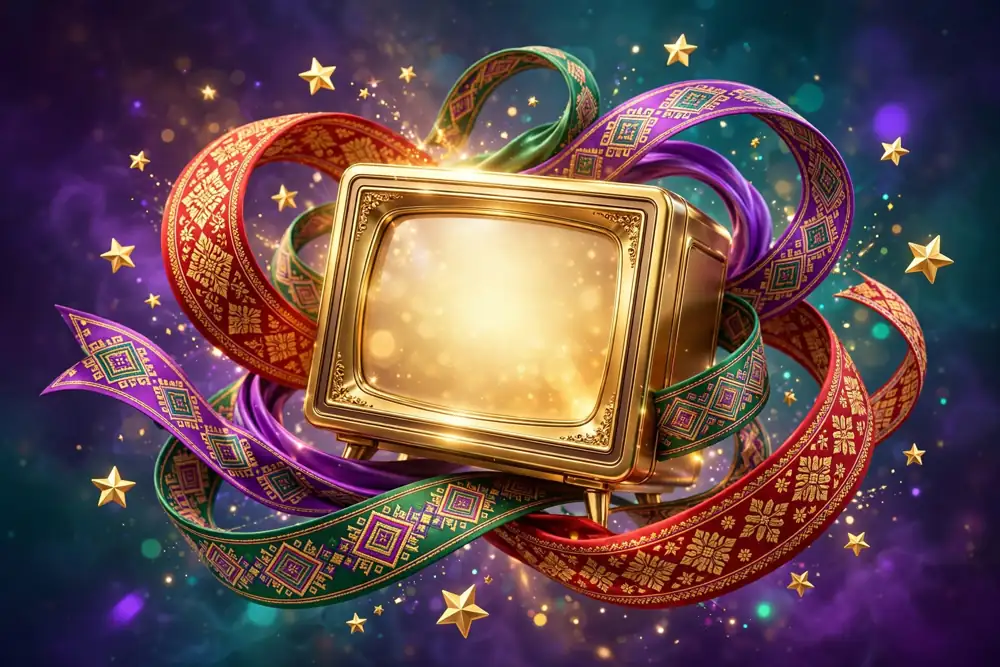 Glossy 3D render of a glowing golden television screen framed by Thai silk and Hmong embroidery ribbons with film stars on a purple-teal gradient