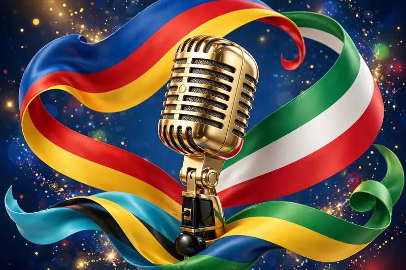 Vibrant 3D illustration of a vintage microphone with flowing Filipino, Mexican, and Caribbean flag ribbons, symbolizing Cassie's multi-ethnic heritage