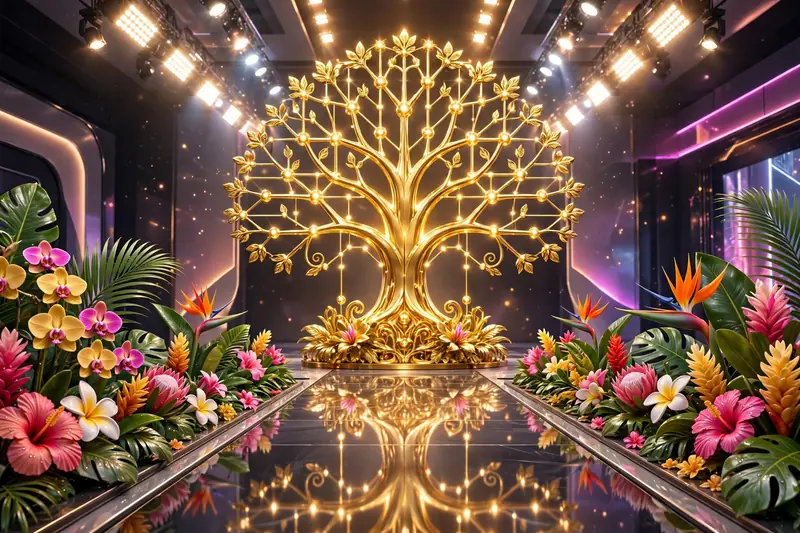 Eye-catching 3D render of a fashion runway with a golden family tree and tropical motifs, representing Cassie's modeling career and diverse roots