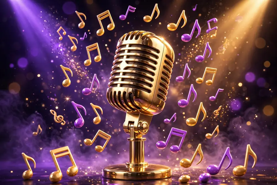 Glossy 3D render of a vintage microphone with musical notes in vibrant colors