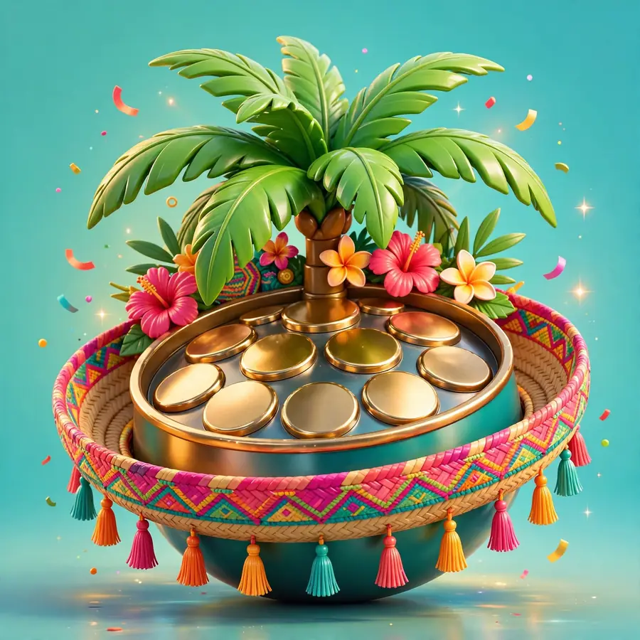Glossy 3D render blending Filipino, Caribbean and Mexican cultural symbols in 3D