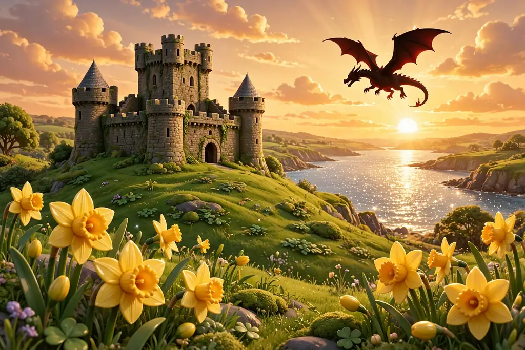 Vibrant 3D illustration of a medieval Welsh stone castle on a green hill overlooking a sparkling bay at sunset with a red dragon flying overhead