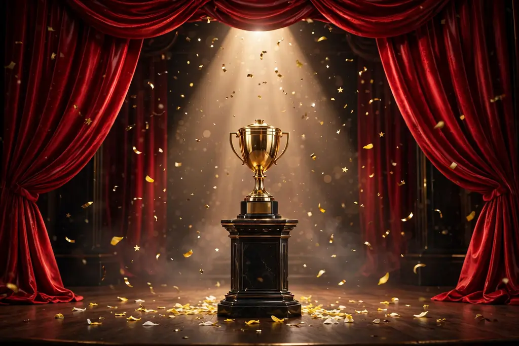 Glossy 3D render of an elegant theater stage with red velvet curtains and a golden award trophy under a spotlight, evoking Catherine Zeta-Jones's Oscar-winning career