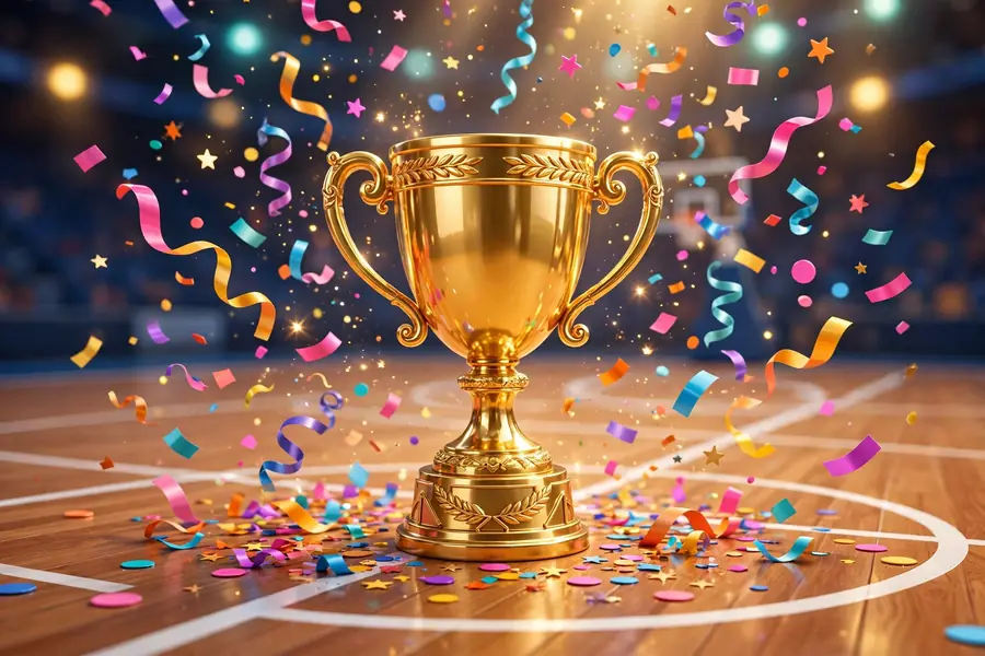 Glossy 3D render of a golden trophy on a basketball court in vibrant 3D