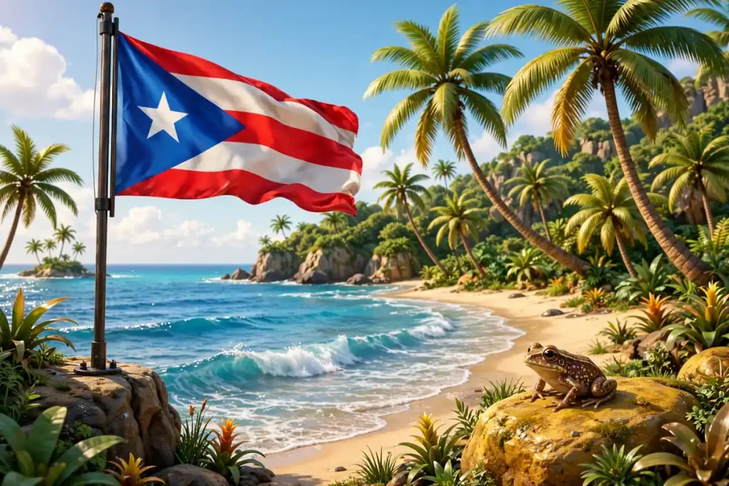 Glossy 3D render of a tropical Caribbean island with a waving Puerto Rican flag, palm trees, ocean waves, and a coqui frog on a golden rock, symbolizing Celina Powell's Puerto Rican heritage