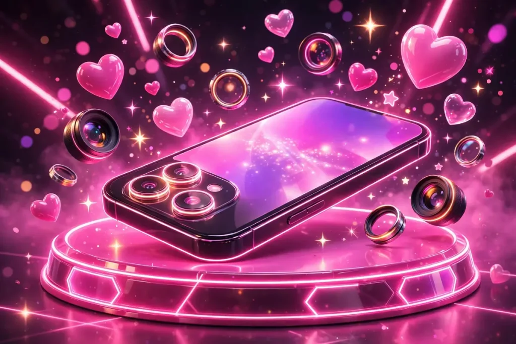 Vibrant 3D render of a glowing smartphone on a pink neon stage with floating hearts, camera lenses, and sparkling stars, symbolizing Celina Powell's social media fame