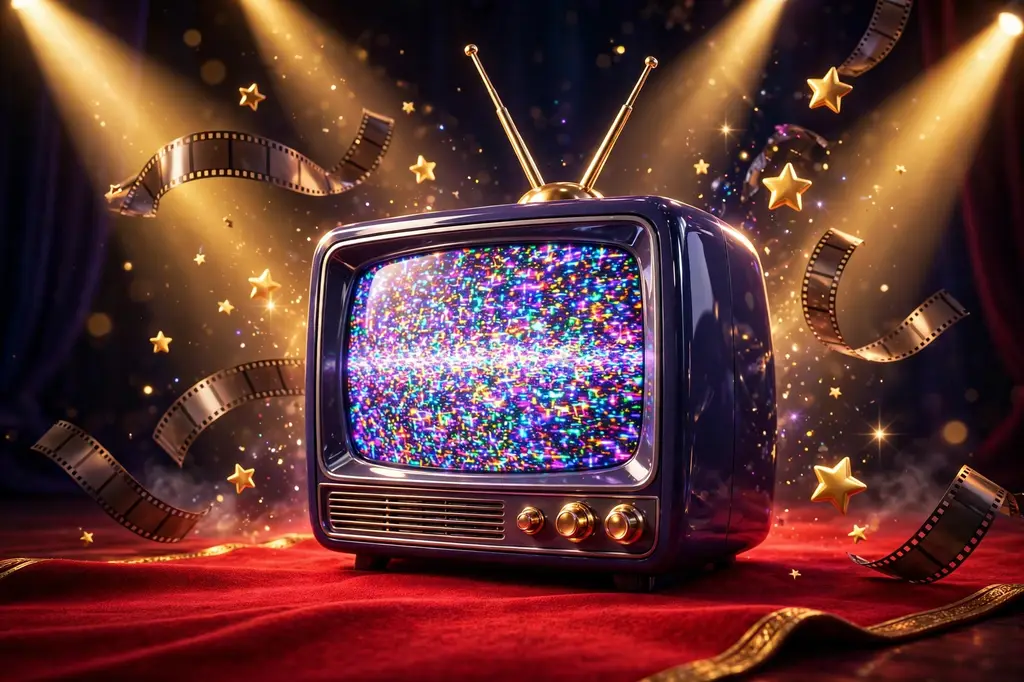 3D render of a retro television glowing on a red carpet with sweeping golden spotlights