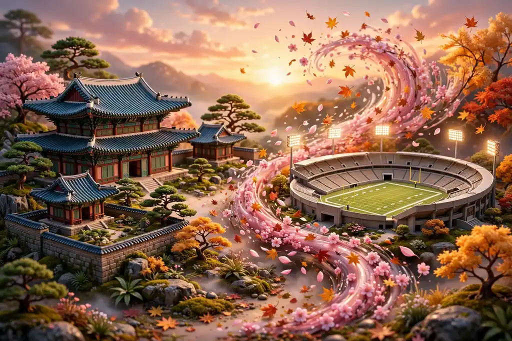 3D render of a diorama blending a Korean palace with an American football stadium