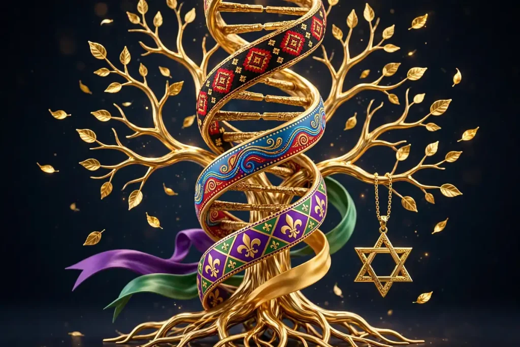 Glossy 3D render of a golden family tree with floating leaves and a DNA helix wrapped in Cajun, Creole, and Volga German folk-colored ribbons with a Star of David pendant