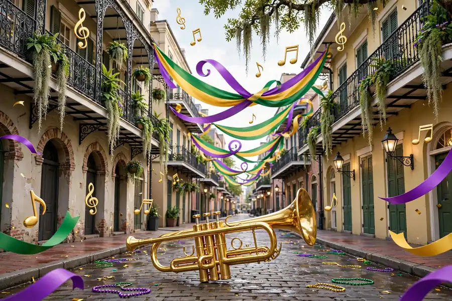 Glossy 3D render of a New Orleans French Quarter street scene in 3D with a golden trumpet, street lamps, floating jazz notes, and colorful Mardi Gras ribbons