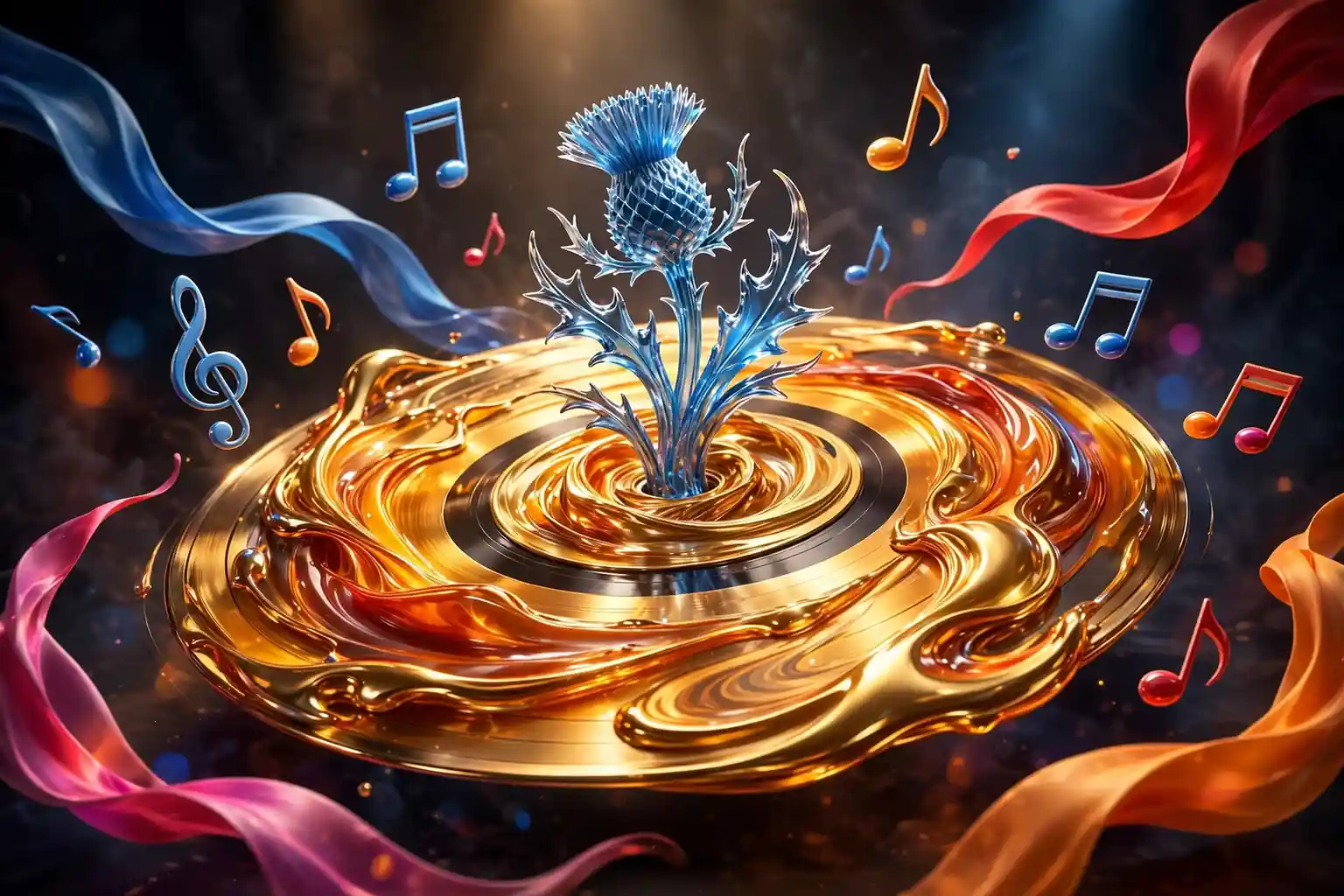 Glossy 3D render of a spinning gold and saffron vinyl record with a blue glass thistle motif and musical notes, symbolizing Charli XCX's Indian and Scottish heritage