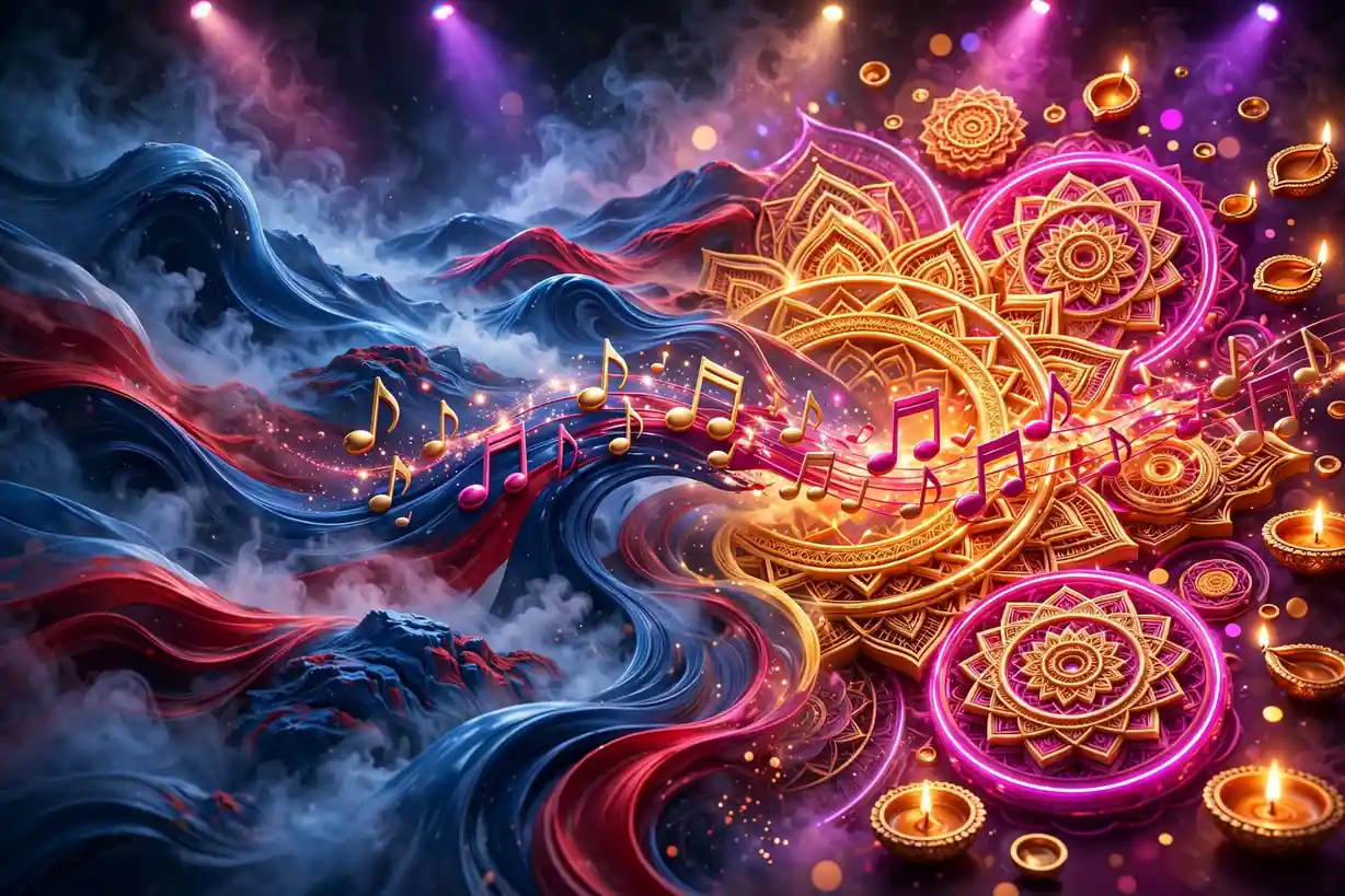 Glossy 3D render merging Union-Jack blue and red waves with glowing Indian mandala rings in saffron, gold, and magenta bridged by musical notes