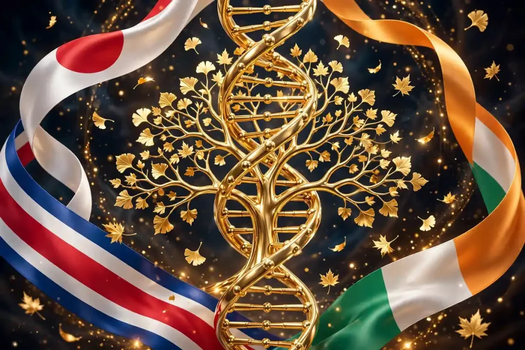 Glossy 3D render of a golden family tree with floating leaves and a DNA helix, surrounded by ribbons in Japanese, Costa Rican, and Irish flag colors symbolizing Charlie Bushnell's mixed heritage