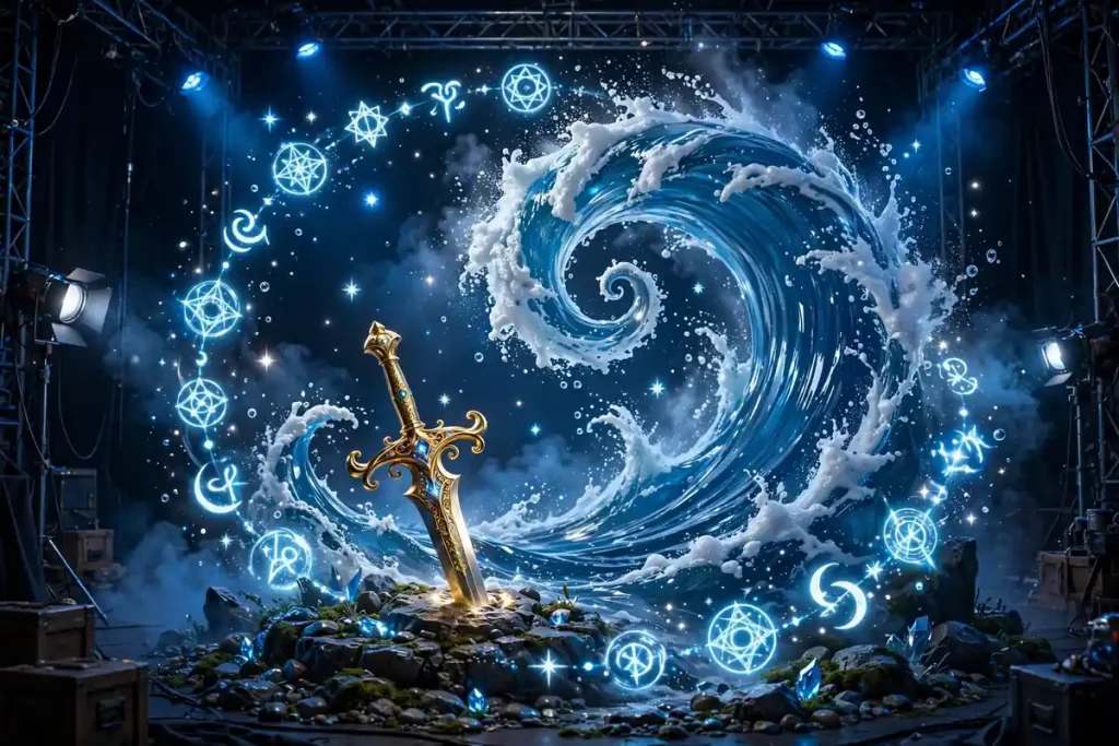 Glossy 3D render of a magical fantasy film set with a golden sword, a swirling ocean wave, glowing runes, and floating stars under dramatic blue light