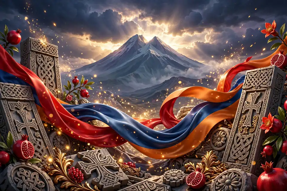 Vibrant 3D render of Mount Ararat with flowing red, blue, and orange ribbons symbolizing Cher's Armenian roots