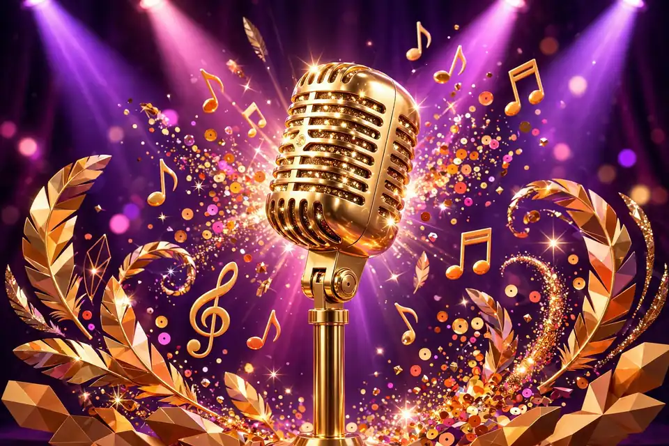 Eye-catching 3D render of a sparkling 1970s glam microphone under stage lights, evoking Cher's Half-Breed era