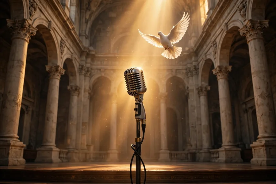 Spotlight-lit comedy microphone with a dove flying above, inspired by Chris Rock meeting Pope Francis at the Vatican