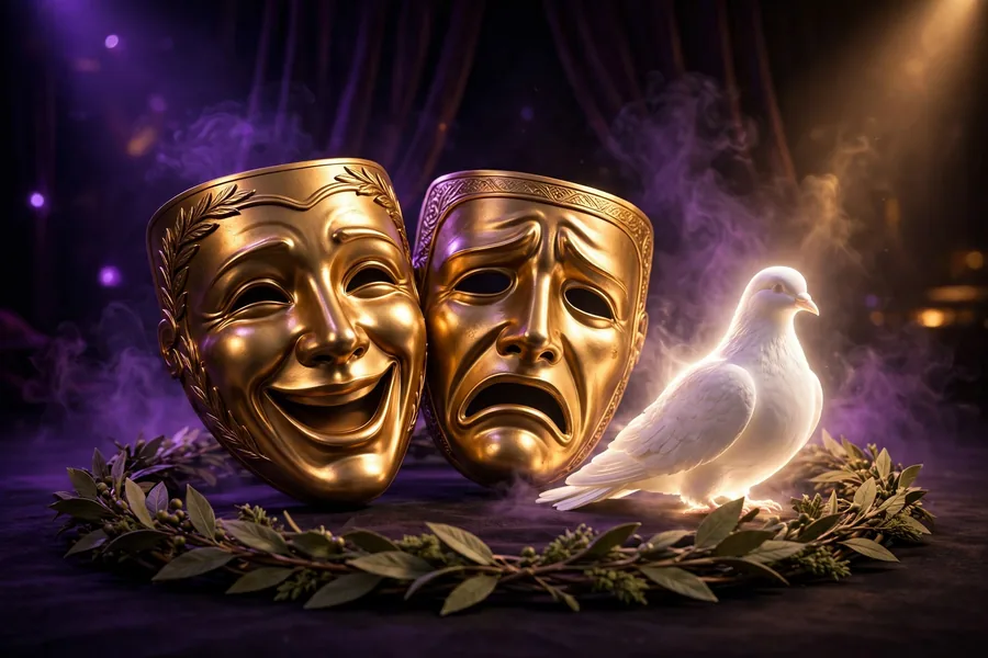 Golden comedy masks beside a glowing dove and laurel wreath, honoring the Chris Rock and Pope Francis moment