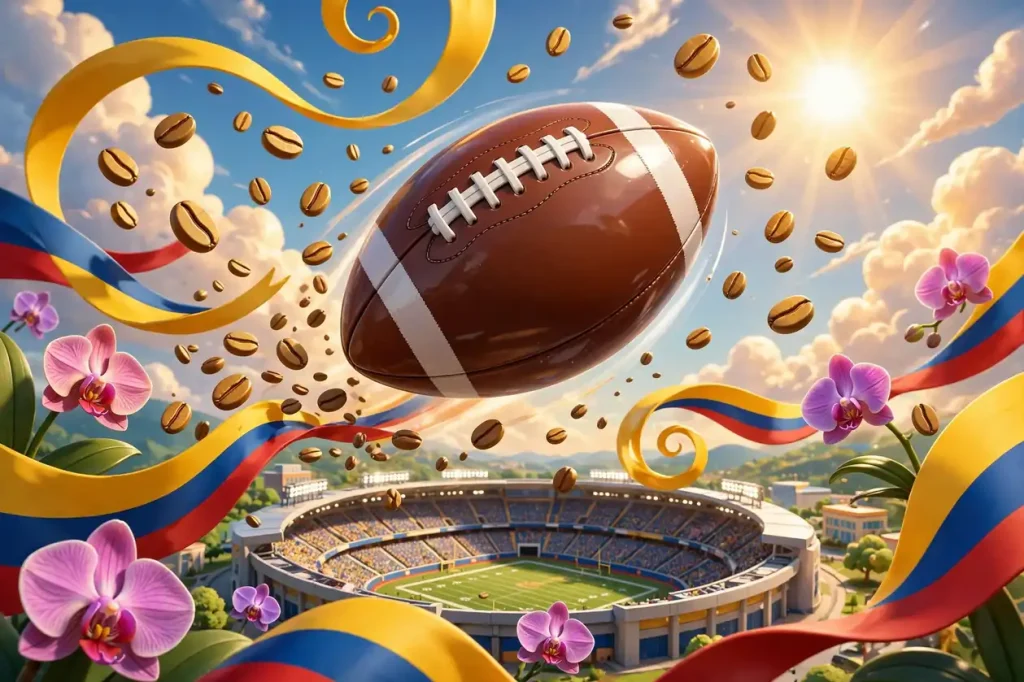 Vibrant 3D illustration of a glossy American football soaring above a stadium with golden coffee beans, orchids and Colombian flag-colored ribbons