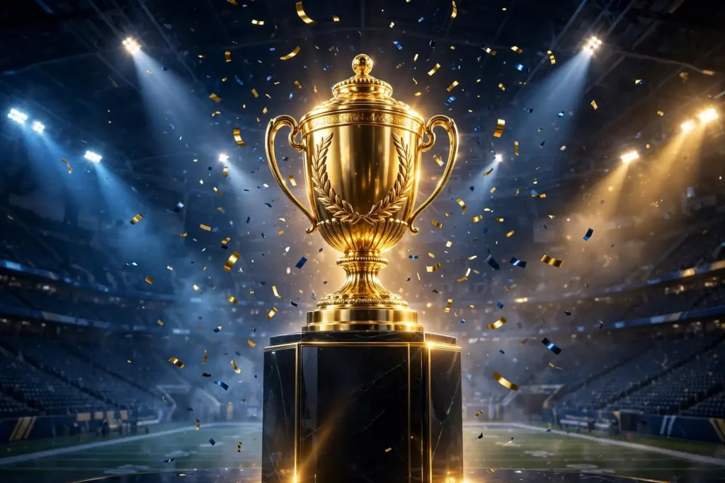 Eye-catching 3D render of a glowing golden championship trophy on a pedestal in a football stadium with falling confetti and spotlights