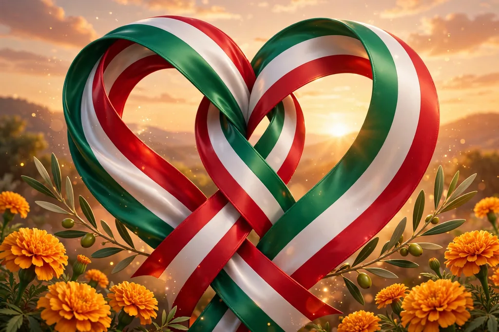 Glossy 3D render of intertwined Mexican and Italian tricolor ribbons forming a heart shape with marigold flowers and olive branches at sunset