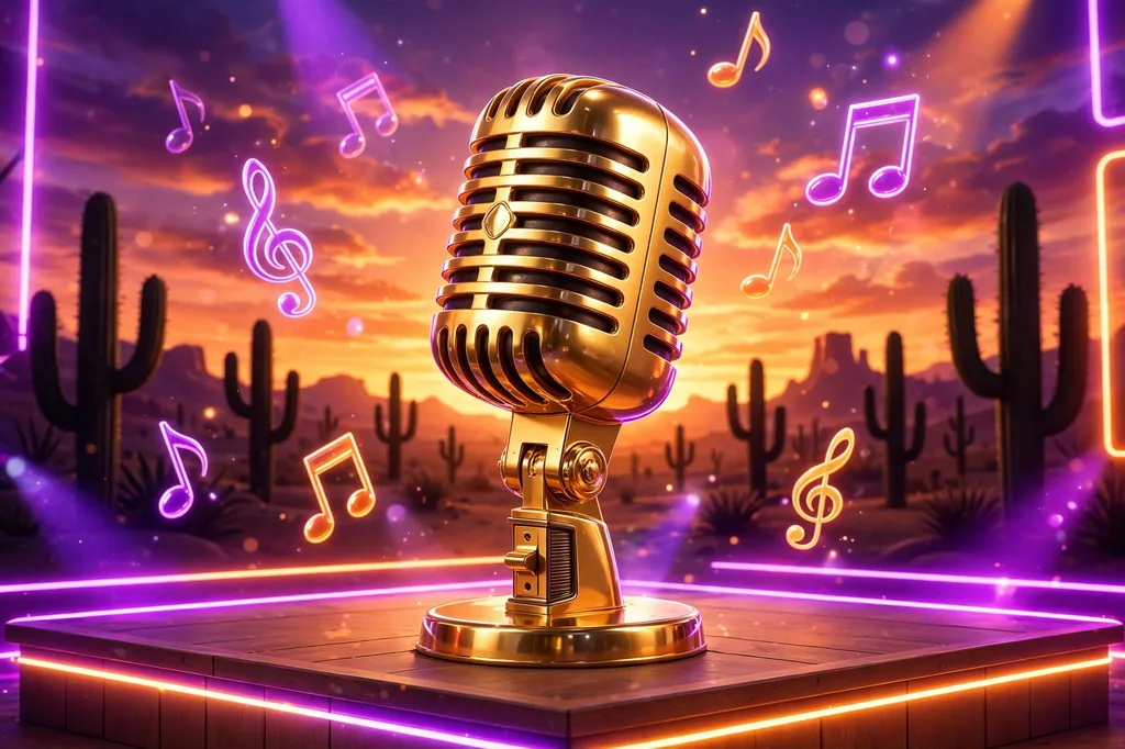 Glossy 3D render of a golden vintage microphone on stage with a desert sunset, cactus silhouettes and floating music notes in neon glow