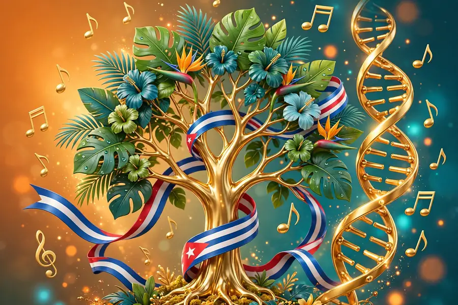 Vibrant 3D illustration of a golden family tree with tropical leaves, Cuban flag ribbons, and a DNA helix, symbolizing Christina Milian's Afro-Cuban ancestry
