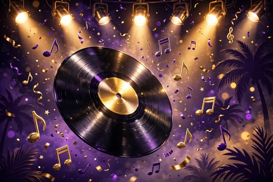 Glossy 3D render of a shining vinyl record with golden stage lights, music notes, and palm silhouettes, evoking Christina Milian's music career